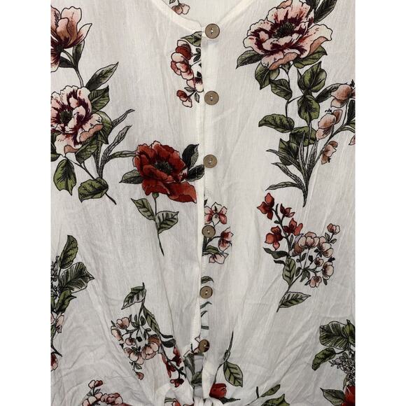 M Fasis Women’s Ivory Floral Button Tie Front Short Sleeve Boho Peasant Top XL - Picture 2 of 6